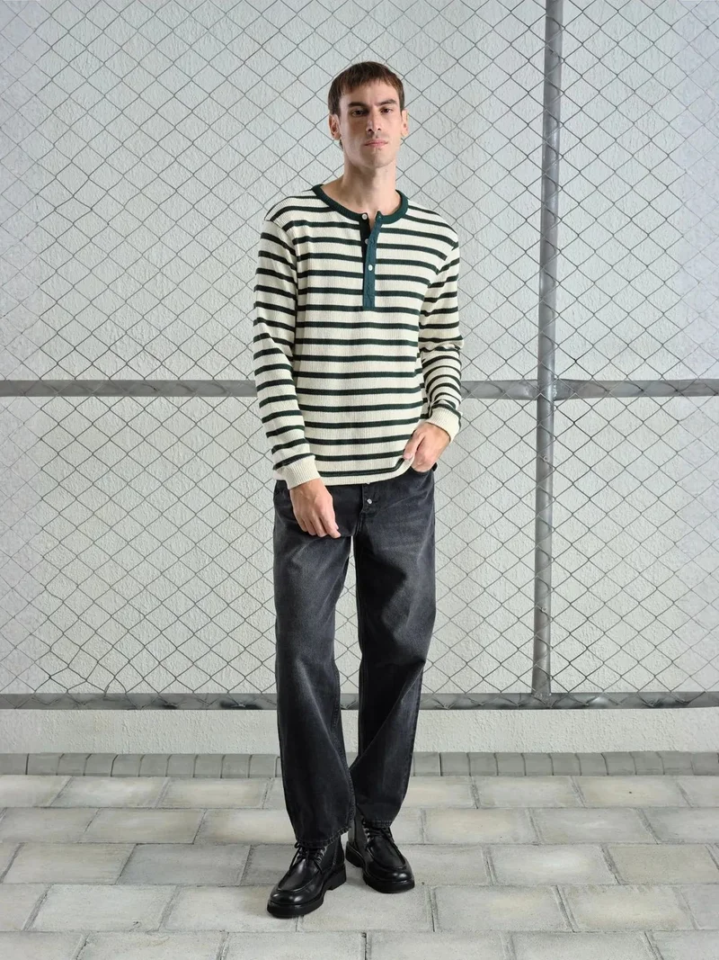 جيستو GIESTO Striped Long Sleeve Crew Neck T-Shirt with Button Detail